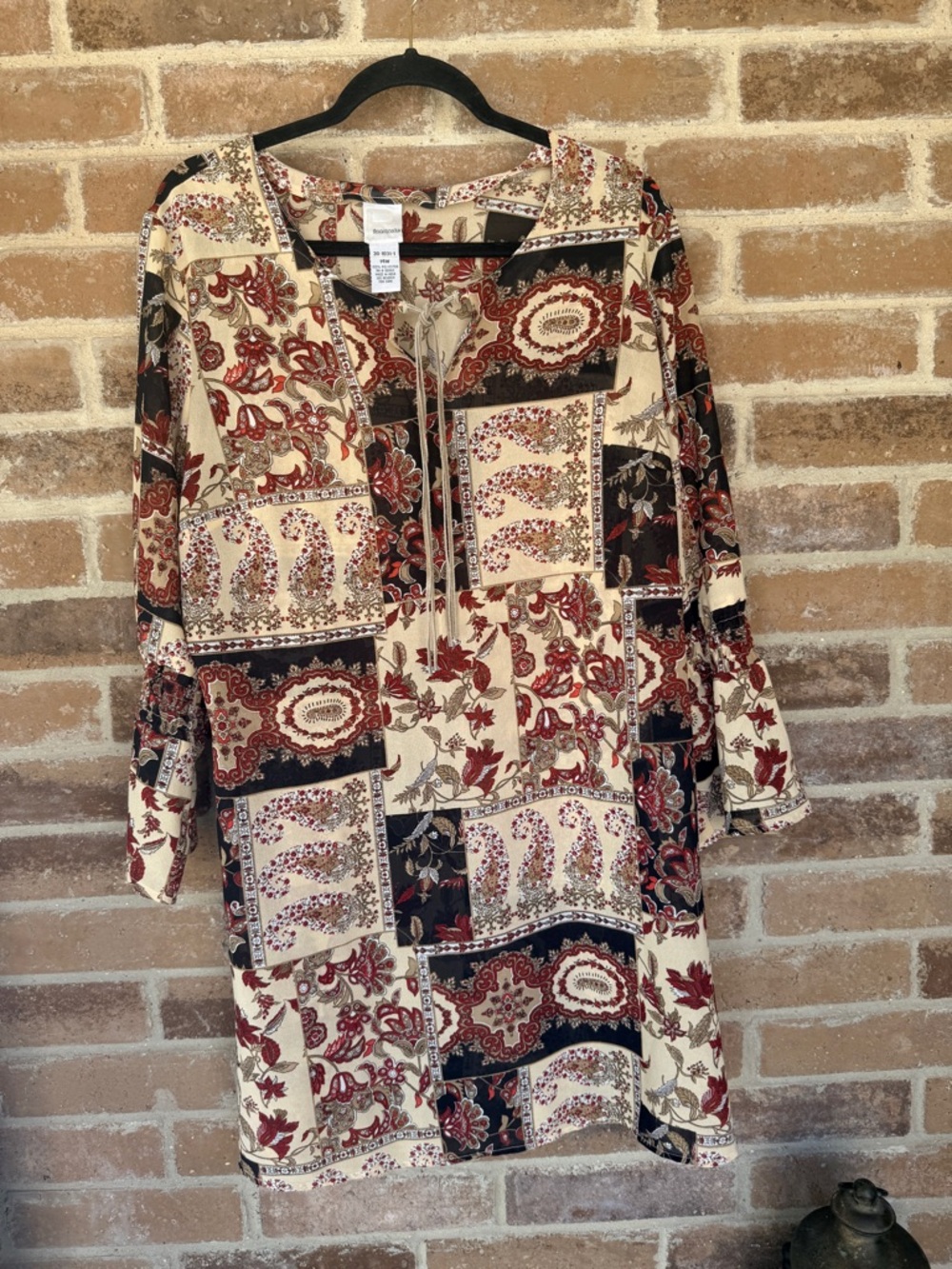 Roaman's Patchwork Print Midi Dress in Cream, Burgundy and Black
